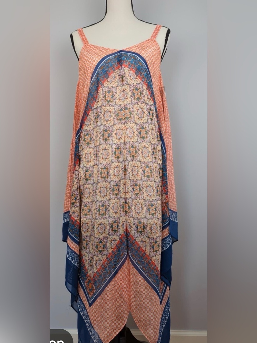 Luxology Coral and Navy Patterned Handkerchief Hem Dress - Picture 2 of 4